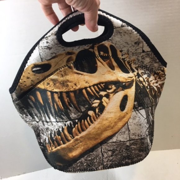 Tyrannosaurus Rex Skeleton Next to Stone Wall Neoprene Lunch Bag 12x6.5x10.5 - Picture 4 of 16